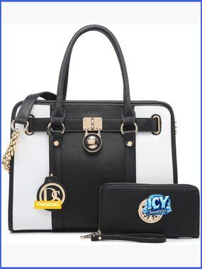 Faux Leather Satchel Handbag with Matching Wallet Top Handle Shoulder Bag